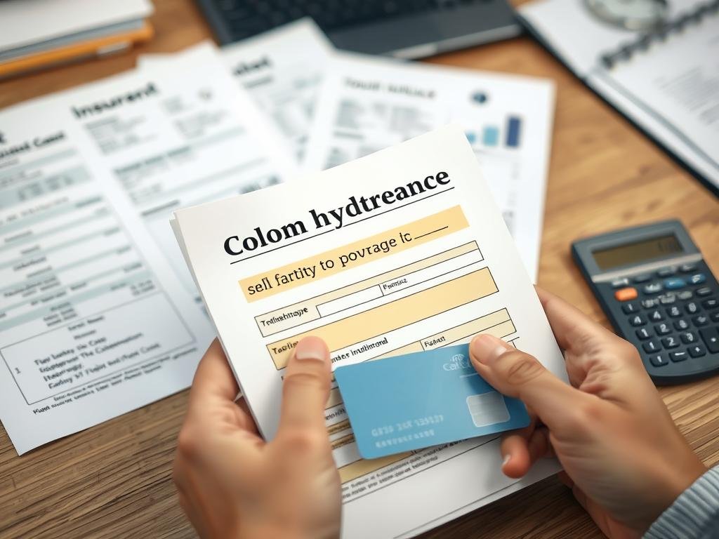 Person reviewing health insurance documents with colon cleanse procedure highlighted