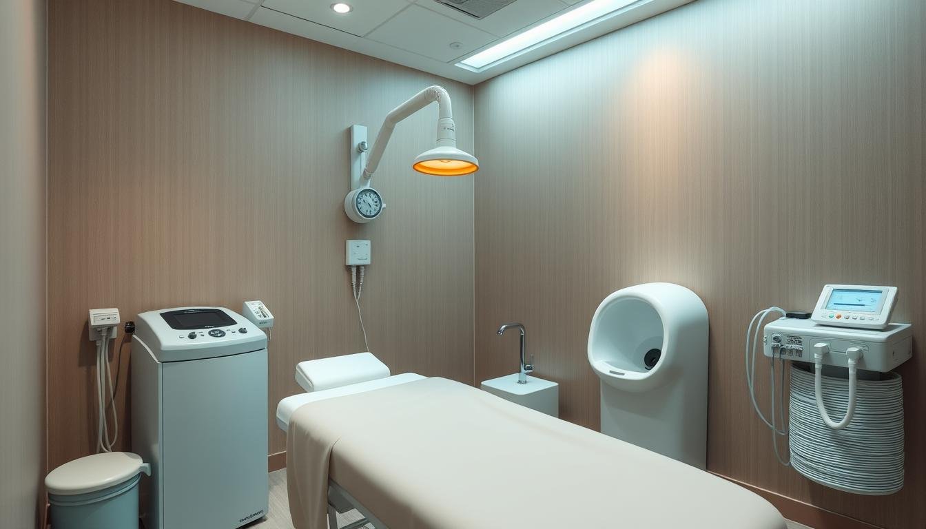 Professional colon hydrotherapy procedure setup showing clean, medical-grade equipment in a spa-like setting