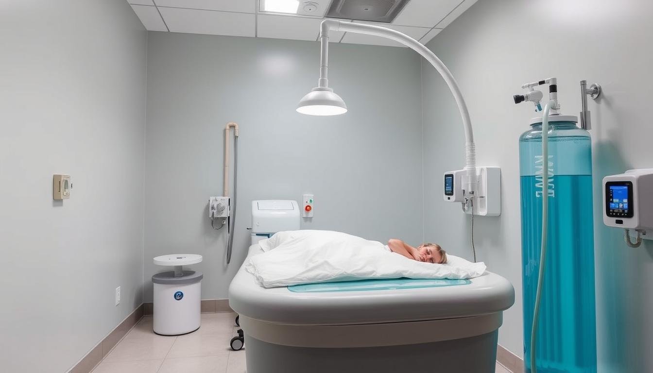 Professional colonic cleanse hydrotherapy equipment in a clean medical setting