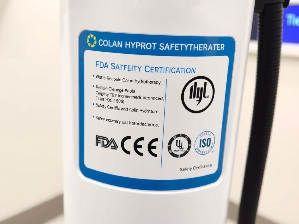 Safety certification labels on a colon hydrotherapy machine Safety certification labels on a colon hydrotherapy machine