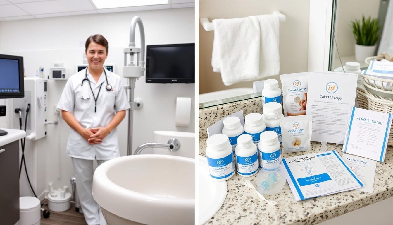 Side-by-side comparison of professional colon hydrotherapy clinic and at-home cleansing products