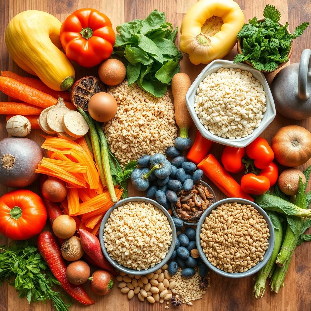 Variety of high-fiber foods including fruits, vegetables, and whole grains