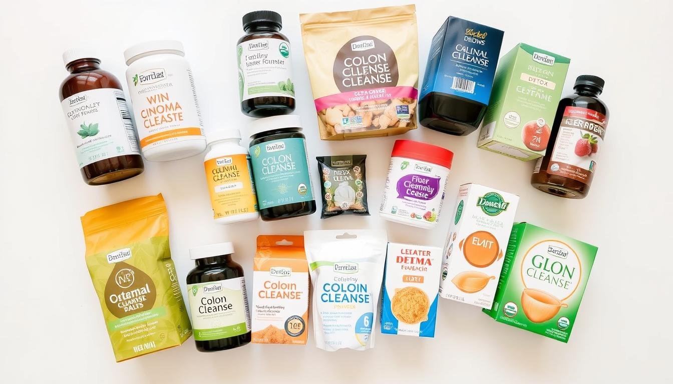Various at-home colon cleanse products including supplements, enema kits, and herbal formulations with price tags