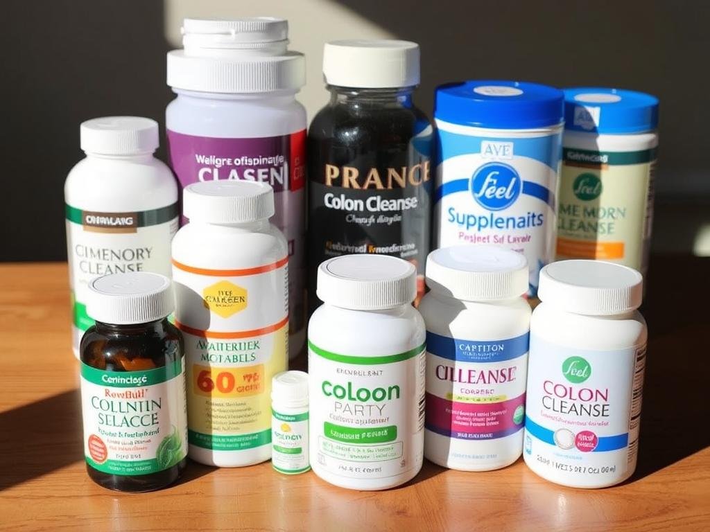Various colon cleanse supplement bottles and powder containers