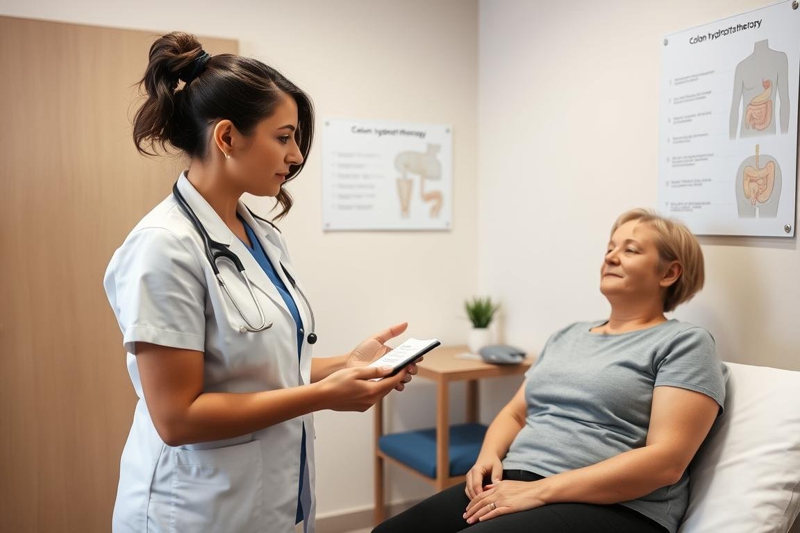 A therapist explaining the colon hydrotherapy procedure to a client