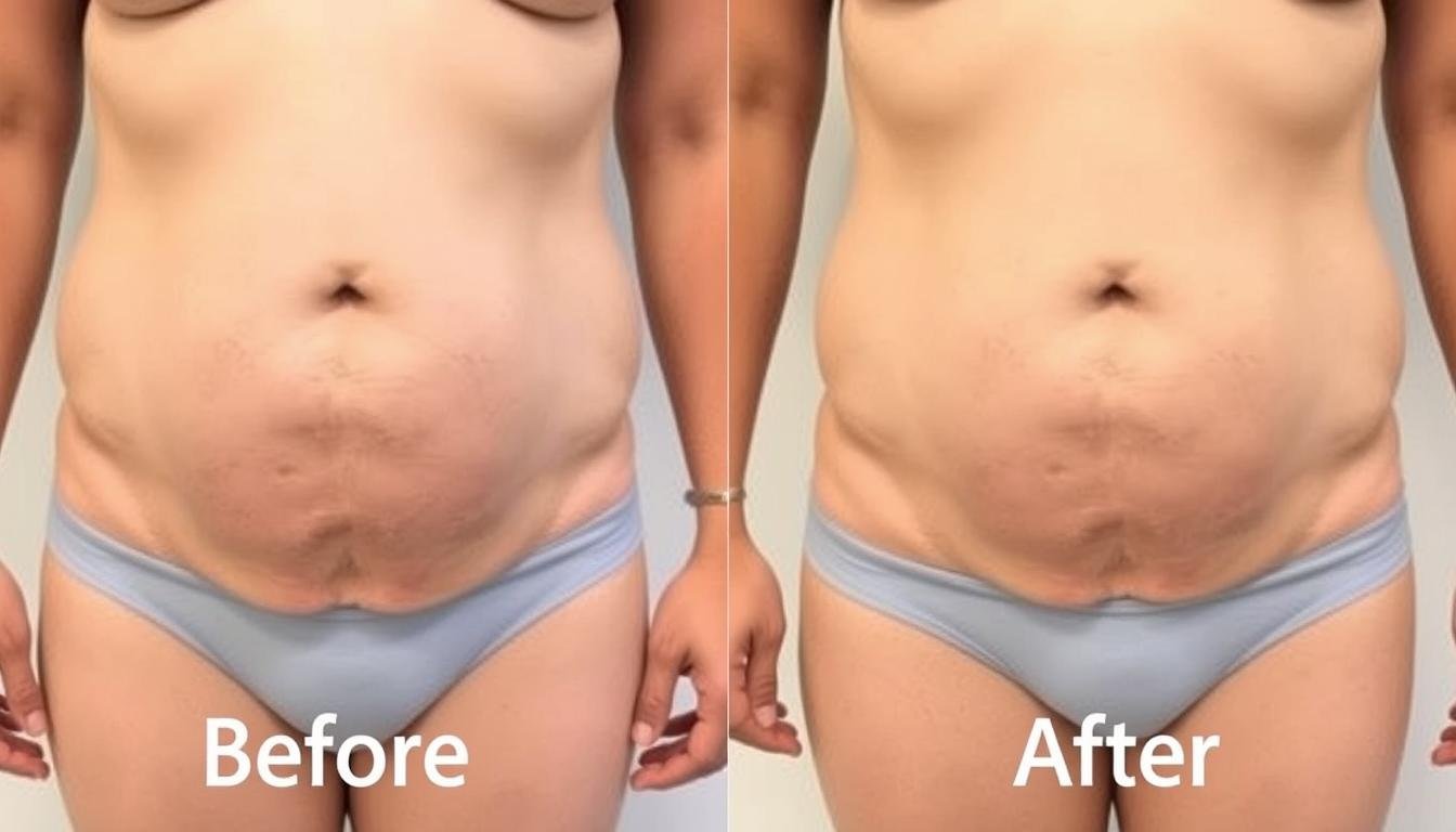 Before and after comparison showing reduced bloating after colon hydrotherapy Before and after comparison showing reduced bloating after colon hydrotherapy