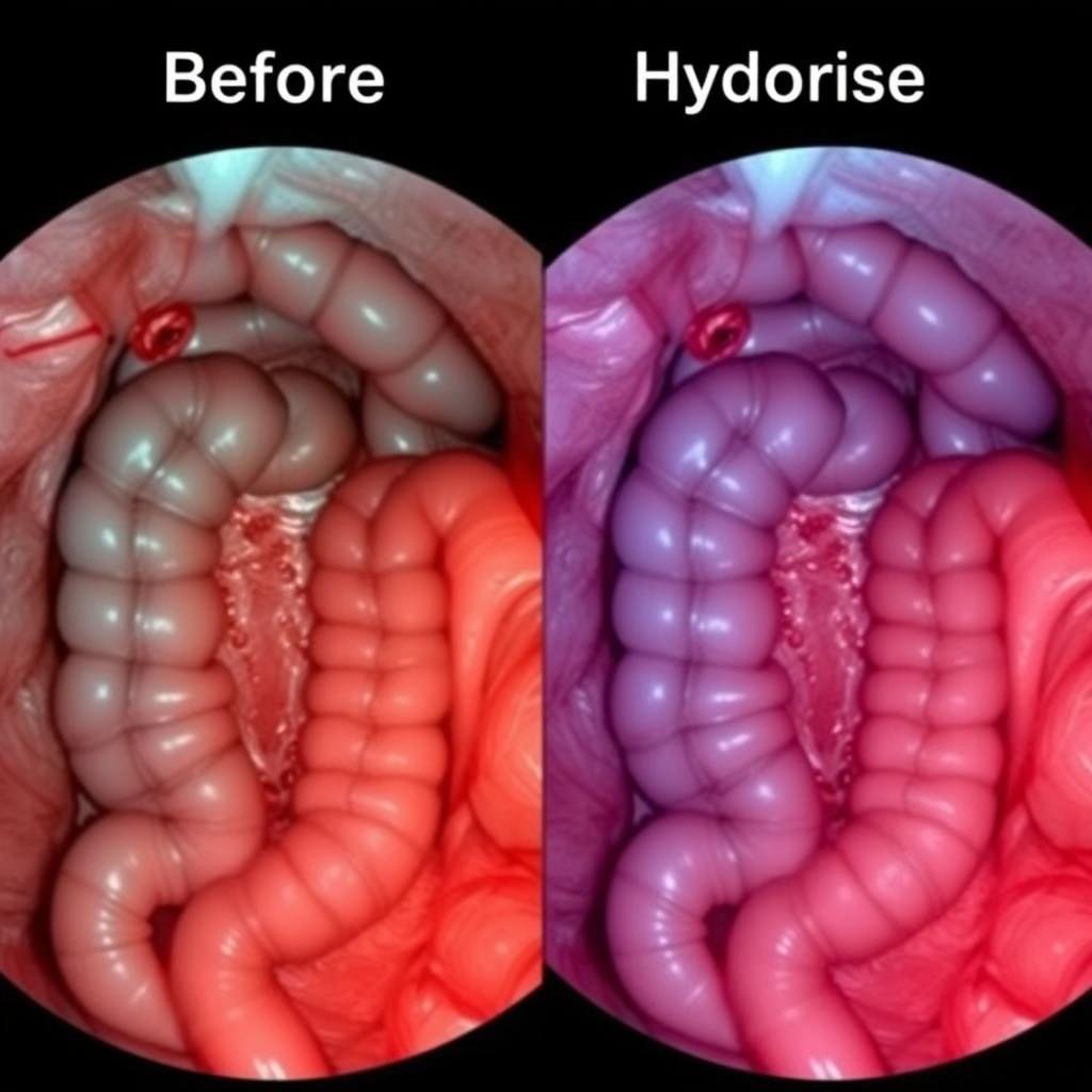 Before and after endoscopic images showing colon cleansing effects
