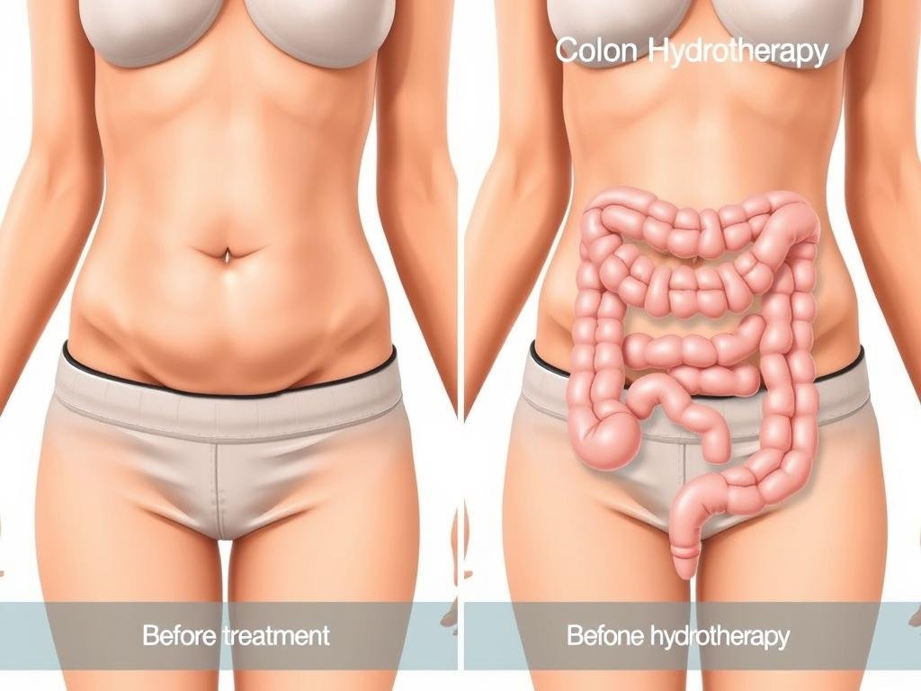 Before and after illustration showing reduced bloating following colon hydrotherapy