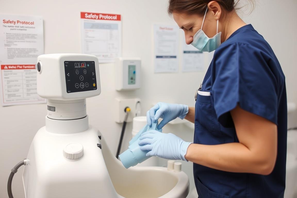 Certified colon hydrotherapist checking equipment safety features