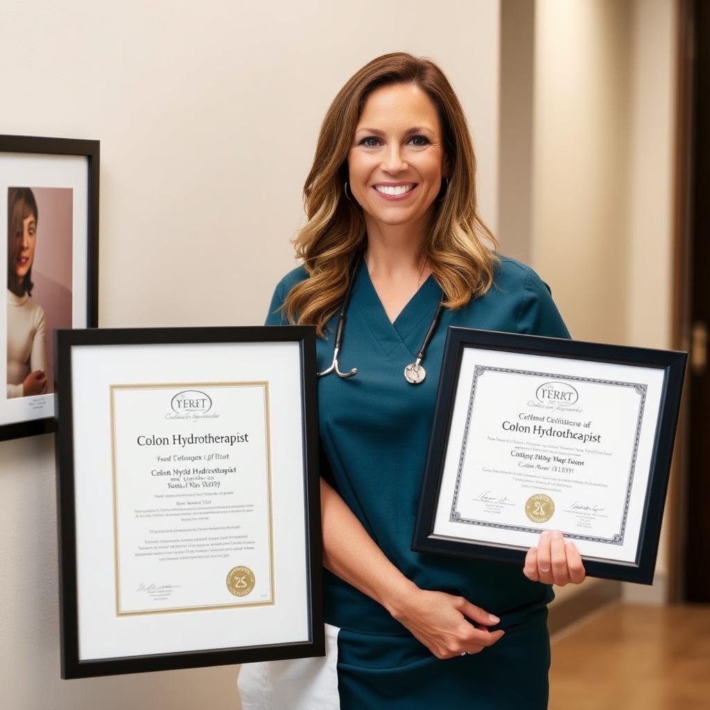 Certified colon hydrotherapist displaying their credentials and certification