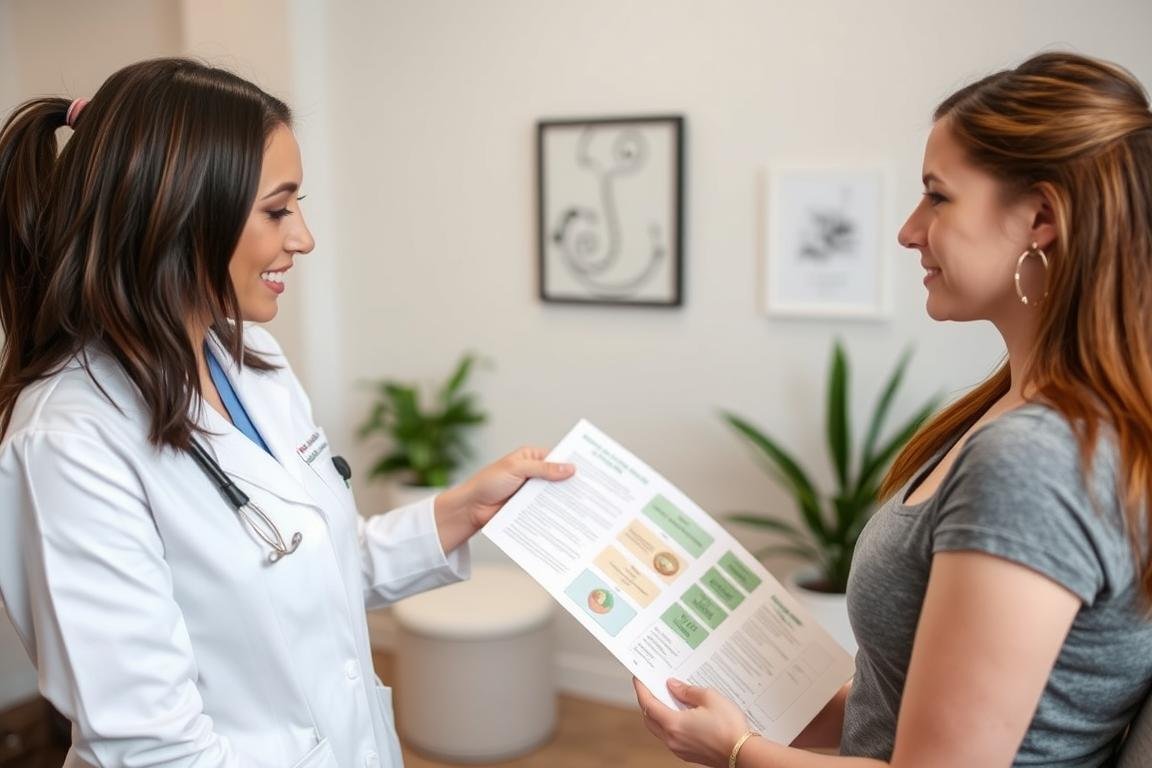 Certified colon hydrotherapist explaining safety protocols for colon hydrotherapy treatment