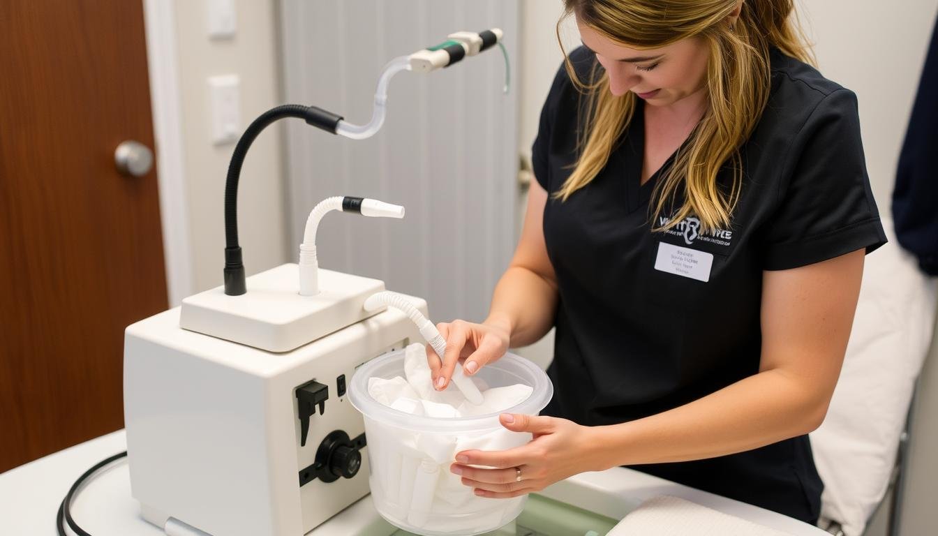 Certified colon hydrotherapist preparing equipment Certified colon hydrotherapist preparing equipment