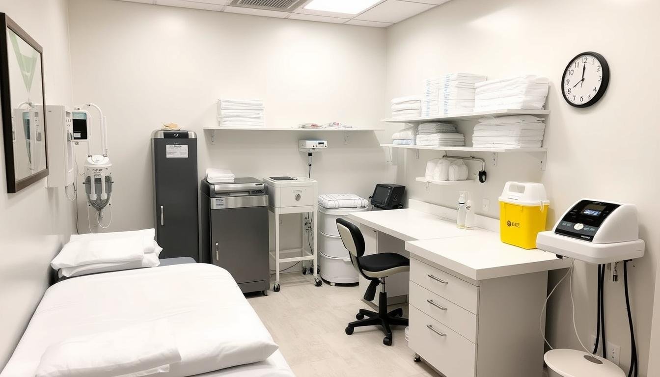Clean colon hydrotherapy treatment room with properly maintained equipment