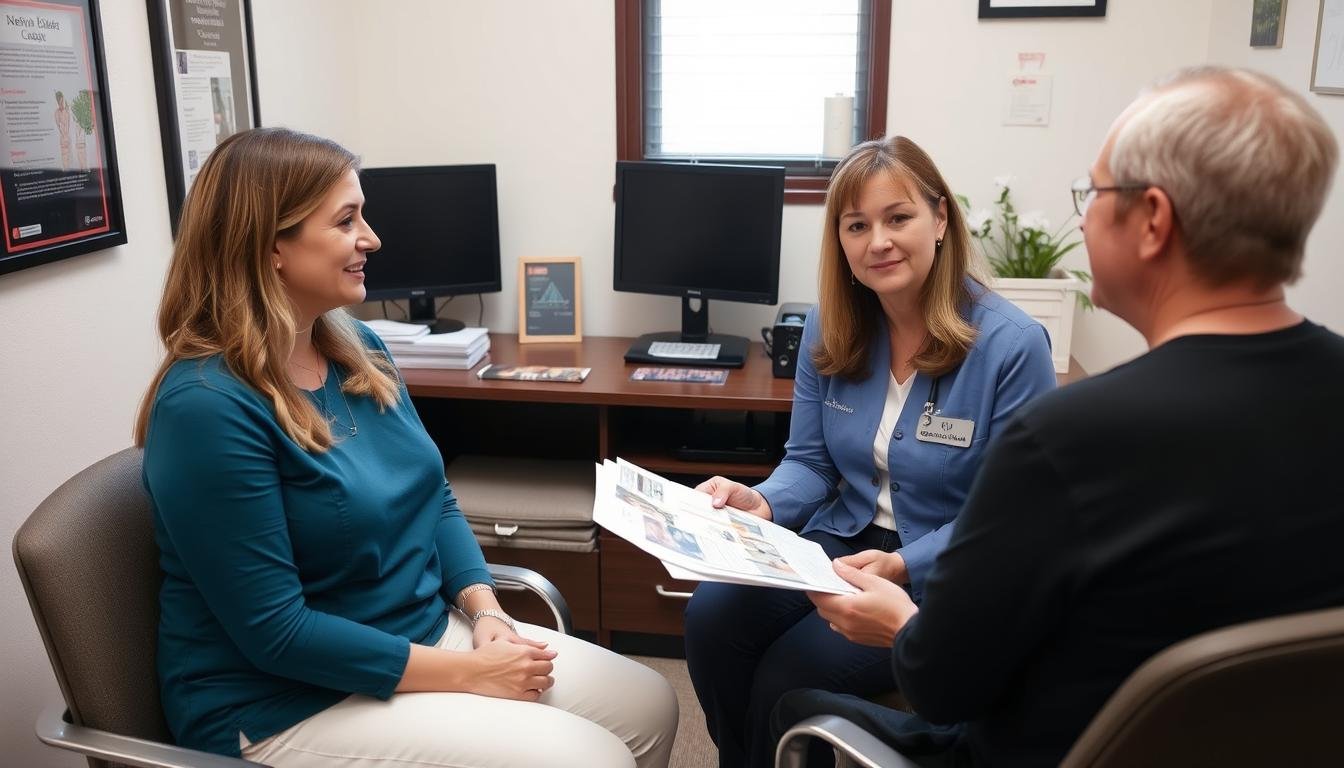 Client consultation with a colon hydrotherapist discussing procedure details