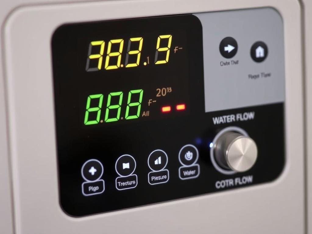 Close-up of a colon hydrotherapy machine control panel showing temperature and pressure settings