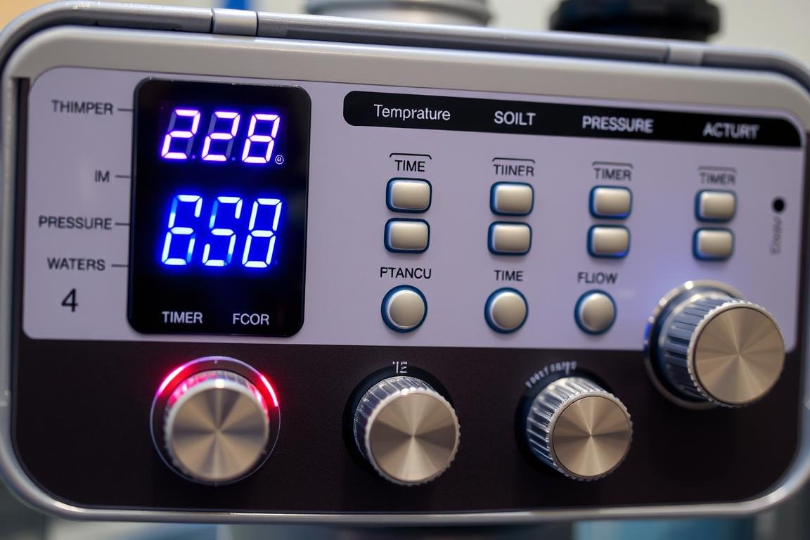 Close-up of colon hydrotherapy machine control panel showing temperature and pressure settings Close-up of colon hydrotherapy machine control panel showing temperature and pressure settings