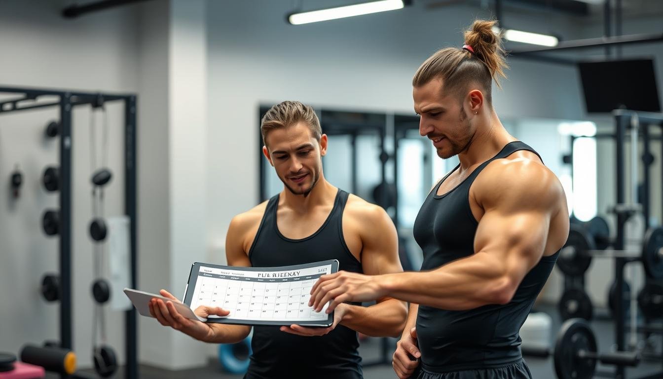 Coach and athlete reviewing training schedule with colon hydrotherapy sessions