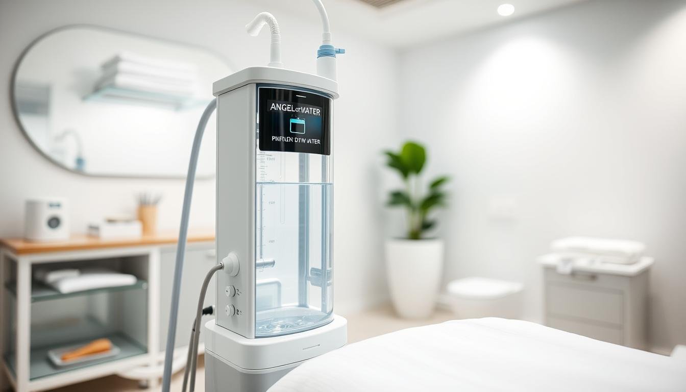 Colon hydrotherapy equipment showing the Angel of Water device in a clean, clinical setting