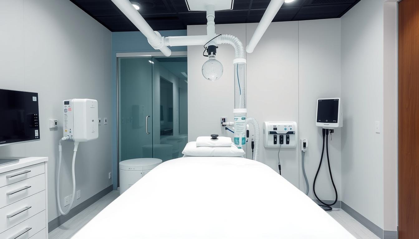 Colon hydrotherapy equipment showing the modern procedure setup with sterile tubes and filtered water system