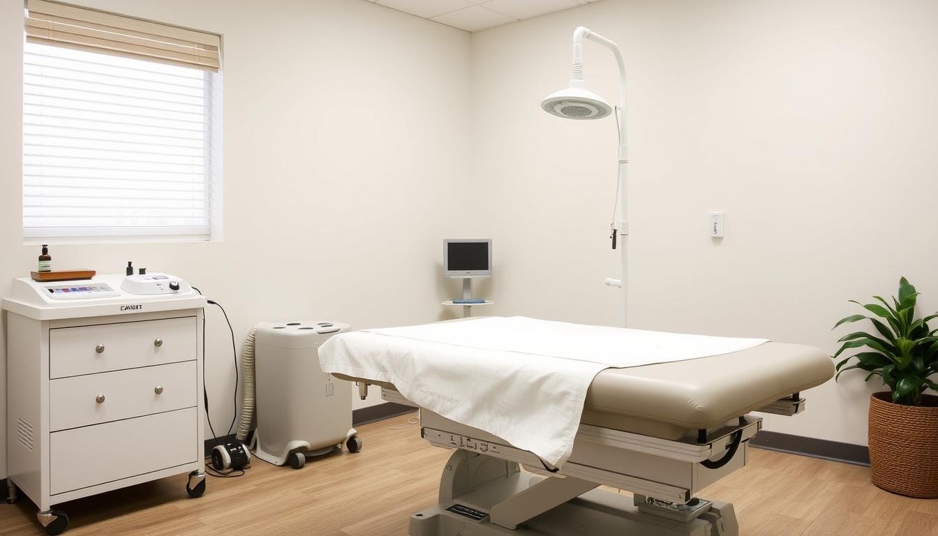 Colon hydrotherapy equipment showing treatment table and specialized device