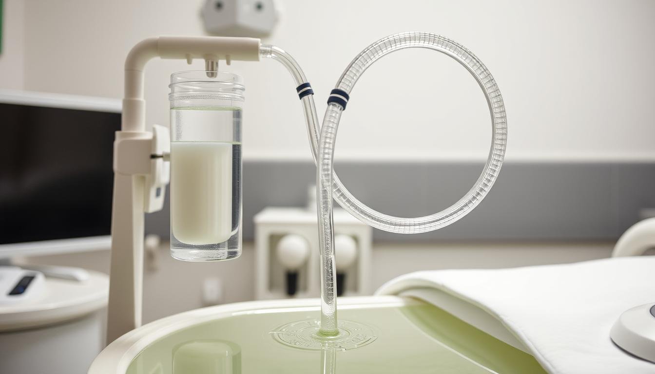 Colon hydrotherapy equipment showing water filtration system and specialized tube