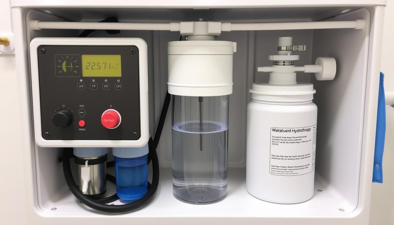 Colon hydrotherapy equipment showing water filtration system
