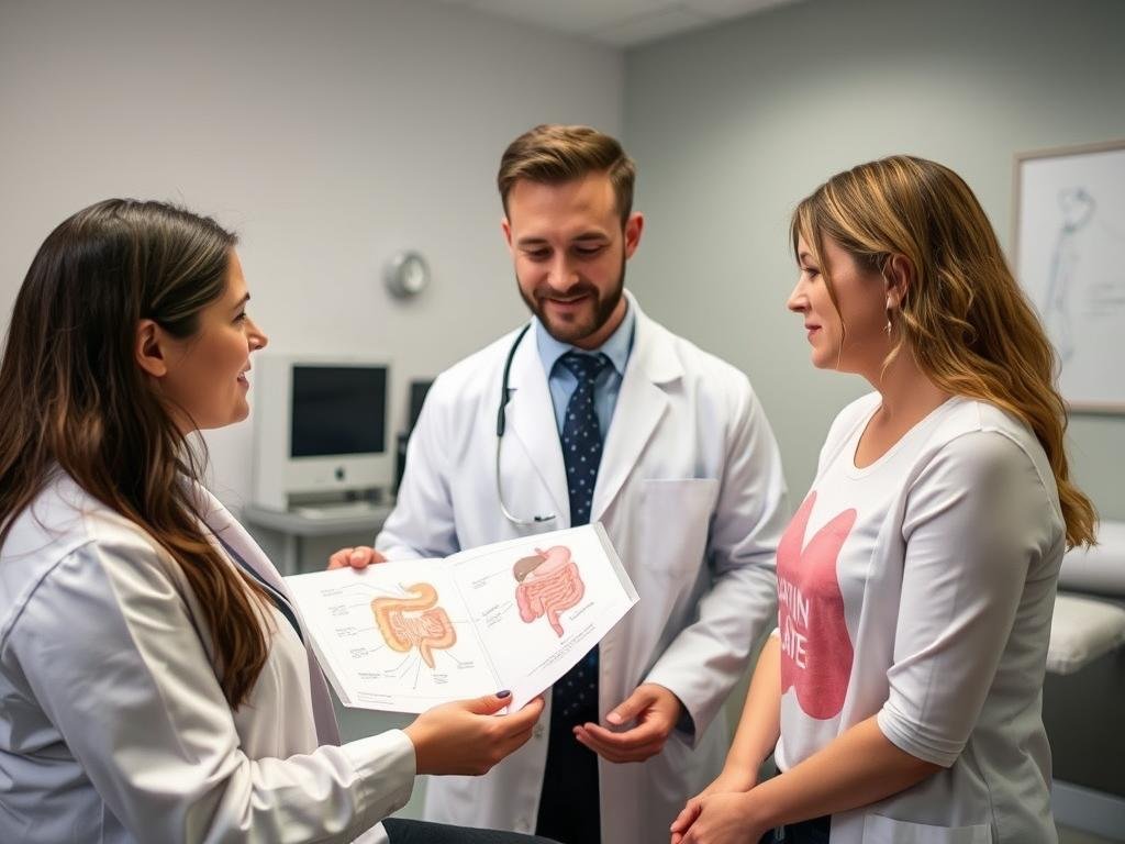 Colon hydrotherapy practitioner explaining the procedure to a client