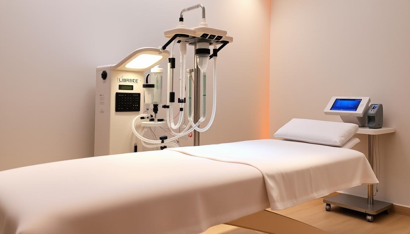 Colon hydrotherapy treatment equipment showing the LIBBE system with water filtration components