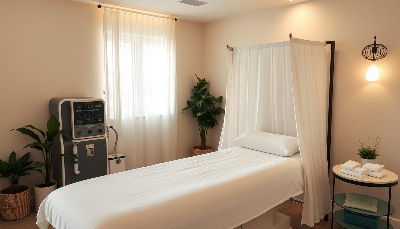 Colon hydrotherapy treatment room with equipment setup