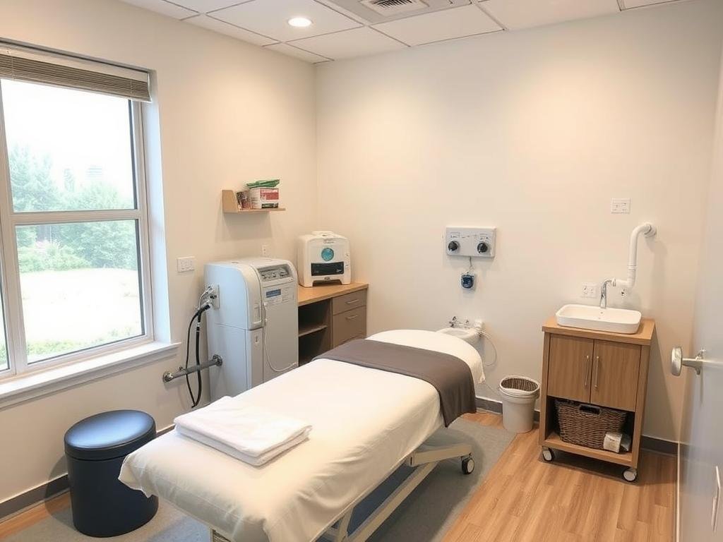 Complete colon hydrotherapy setup showing machine, treatment table, and supplies Complete colon hydrotherapy setup showing machine, treatment table, and supplies