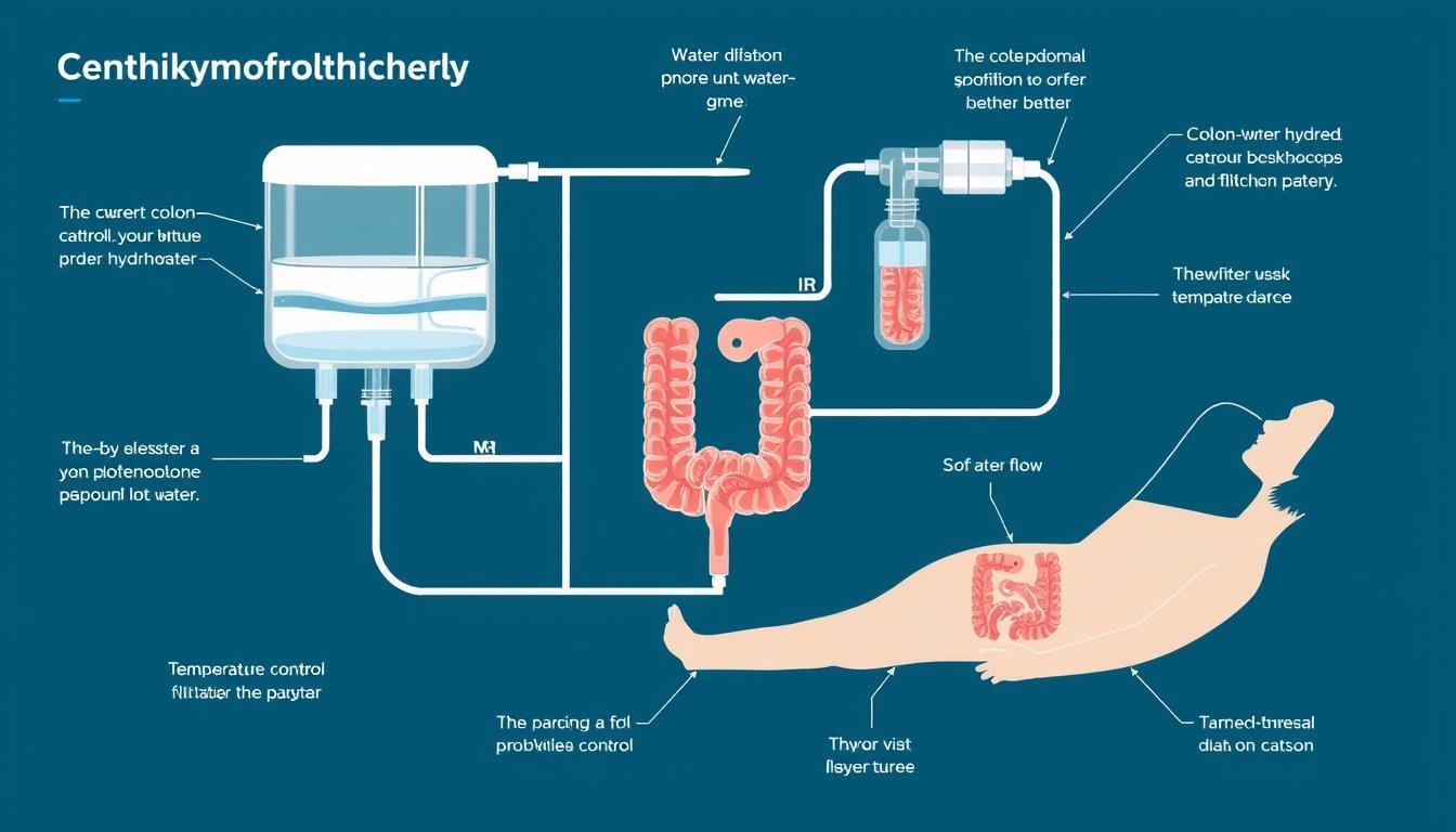 Diagram showing how a colon hydrotherapy device functions with water flow
