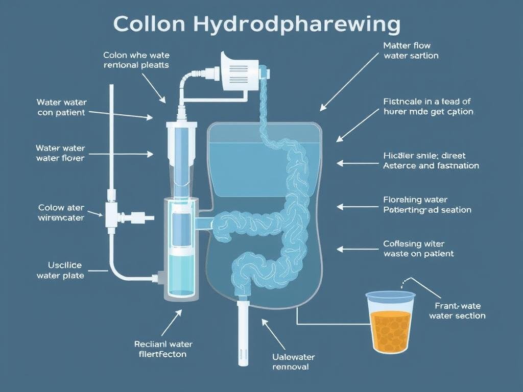 Diagram showing how a colon hydrotherapy machine works with water flow and waste removal Diagram showing how a colon hydrotherapy machine works with water flow and waste removal