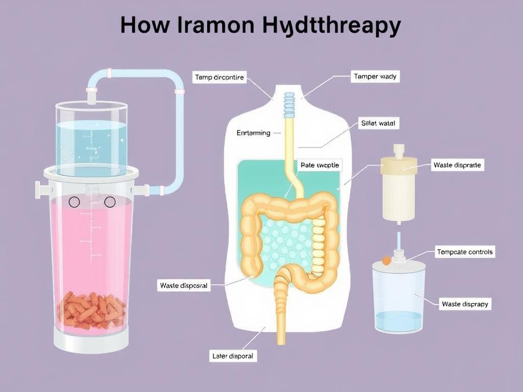 Diagram showing the colon hydrotherapy procedure with labeled equipment