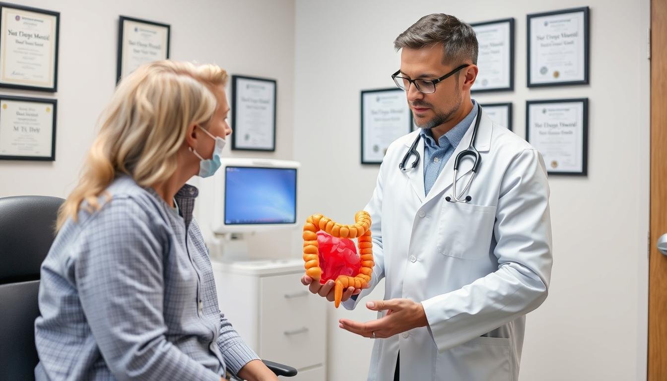 Doctor explaining colonoscopy procedure to patient using anatomical model