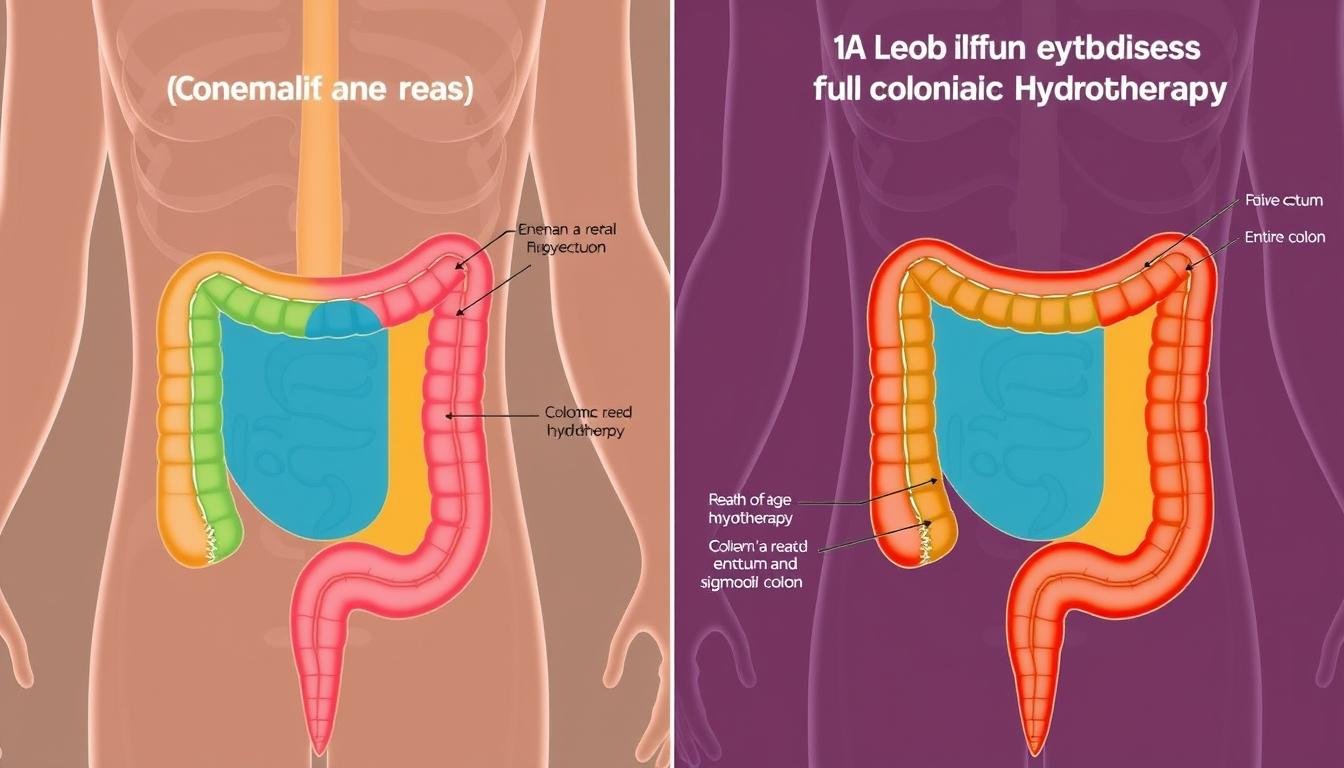 Educational diagram comparing the reach of enemas versus full colonic hydrotherapy