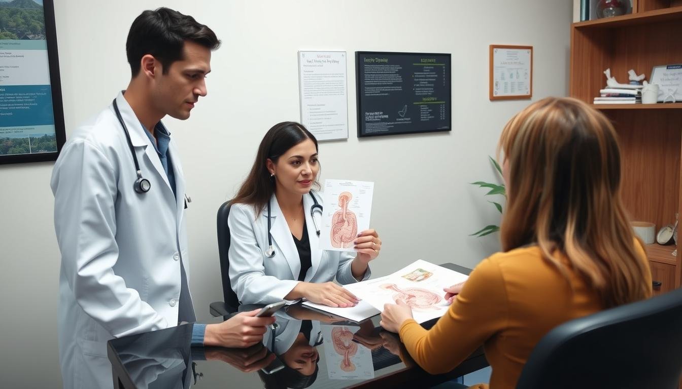 Healthcare professional answering patient questions about colon hydrotherapy Healthcare professional answering patient questions about colon hydrotherapy