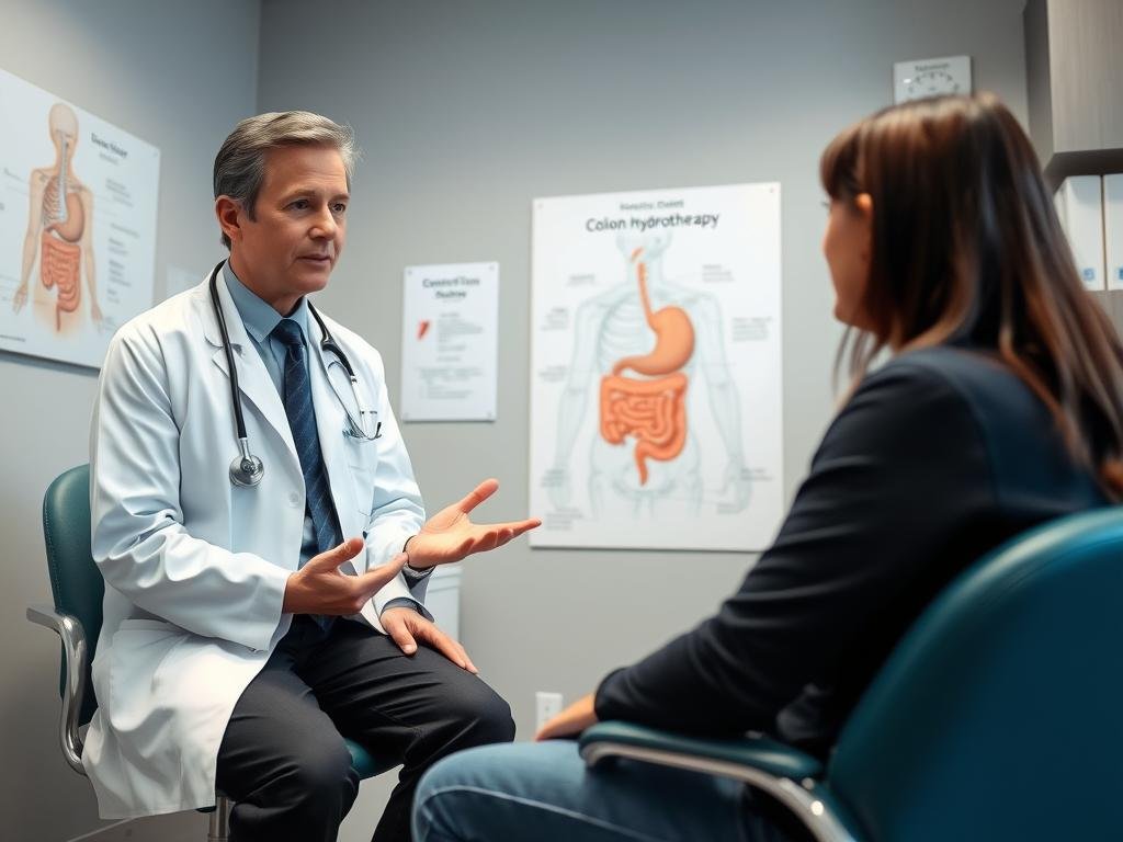 Healthcare professional answering questions about colon hydrotherapy procedure