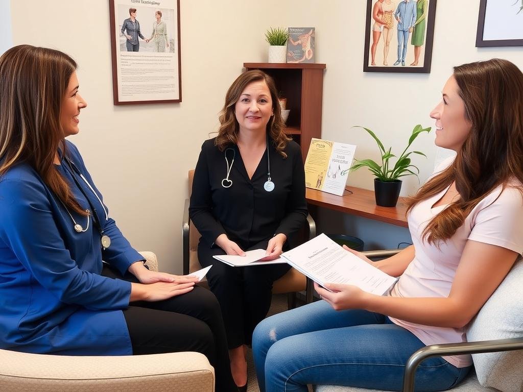 Healthcare professional answering questions about colon hydrotherapy to a client