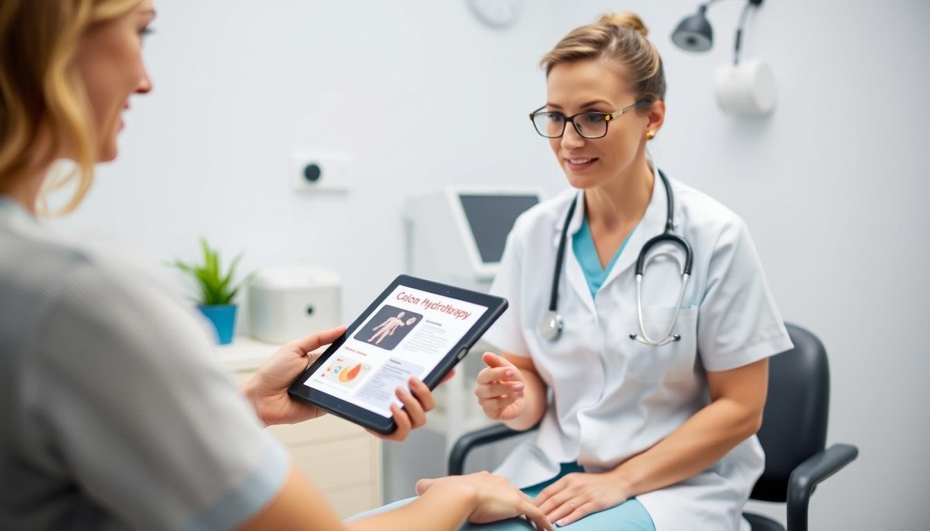 Healthcare professional answering questions about colon hydrotherapy