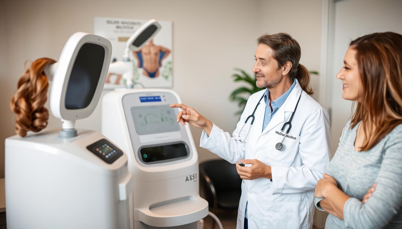 Healthcare professional demonstrating a colon hydrotherapy machine to a client Healthcare professional demonstrating a colon hydrotherapy machine to a client