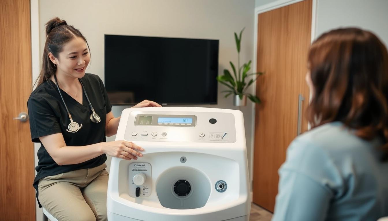 Healthcare professional explaining Colon Hydrotherapy Machine safety features to a client Healthcare professional explaining Colon Hydrotherapy Machine safety features to a client