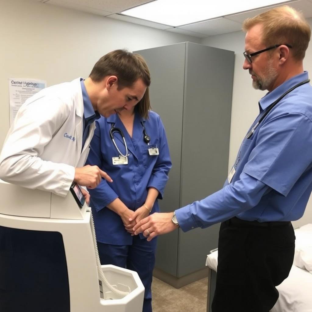 Healthcare professional receiving training on colon hydrotherapy equipment Healthcare professional receiving training on colon hydrotherapy equipment