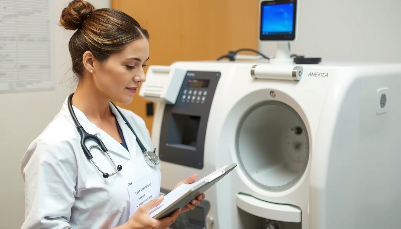 Healthcare professional using a checklist to evaluate a Colon Hydrotherapy Machine Healthcare professional using a checklist to evaluate a Colon Hydrotherapy Machine