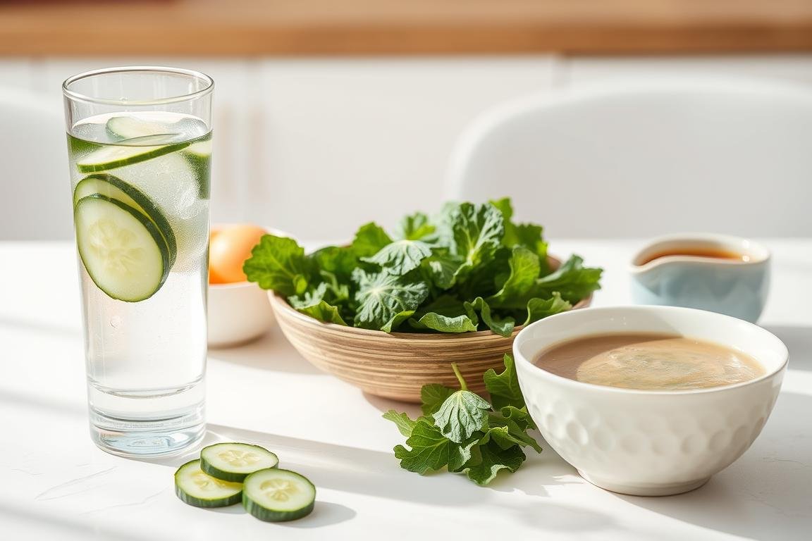 Healthy foods and water for preparation before colon hydrotherapy