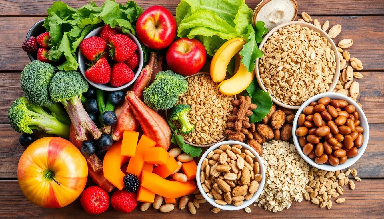 Healthy foods rich in fiber including fruits, vegetables, and whole grains