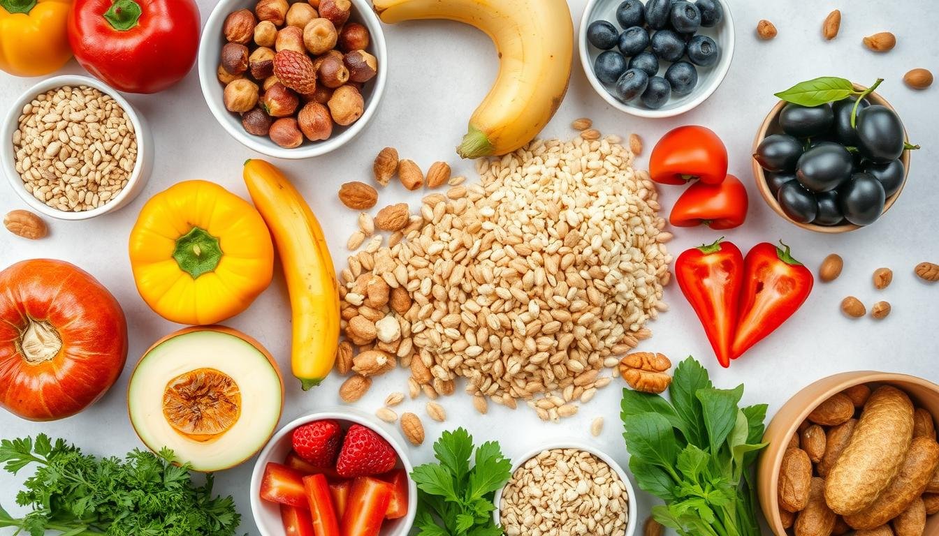 Healthy foods that support natural digestive health including fiber-rich fruits, vegetables, and whole grains