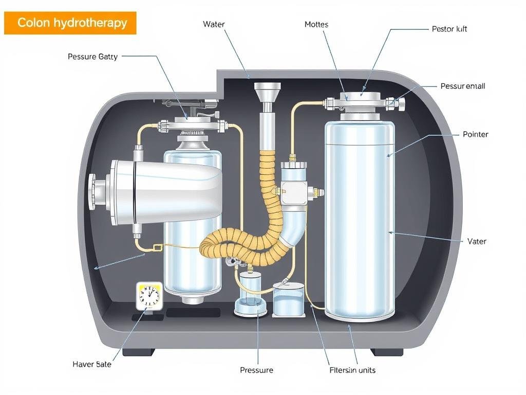 Internal components of a colon hydrotherapy machine showing water flow system