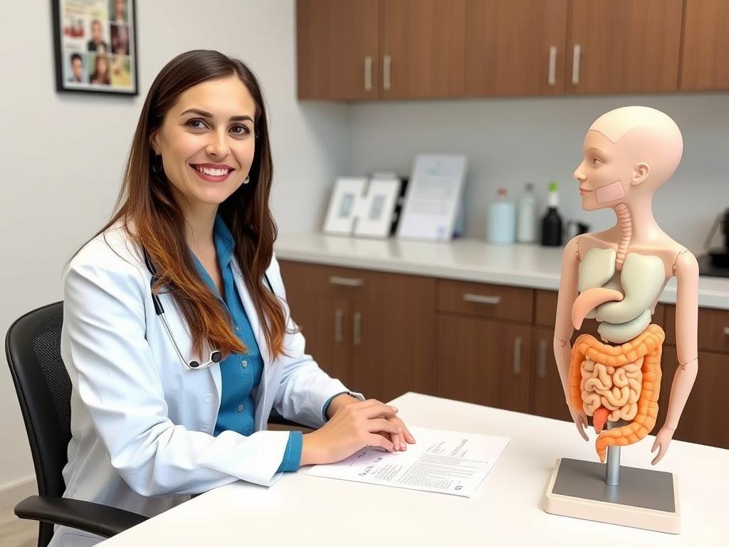 Medical professional answering patient questions about colon hydrotherapy Medical professional answering patient questions about colon hydrotherapy