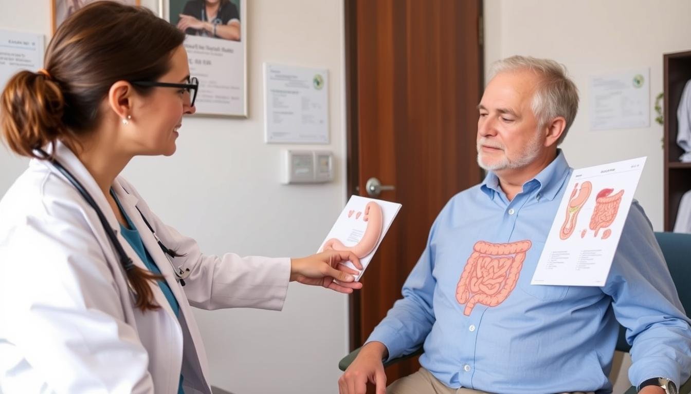 Medical professional explaining colon hydrotherapy benefits to a patient Medical professional explaining colon hydrotherapy benefits to a patient