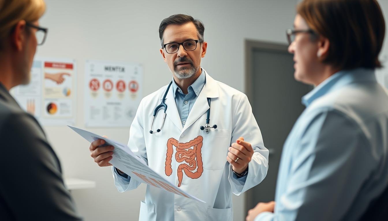 Medical professional explaining colon hydrotherapy risks to a patient